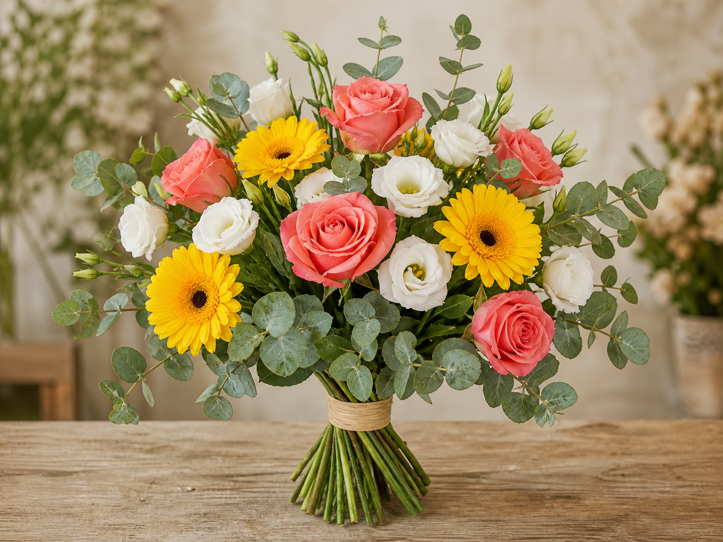 Gerberas, rosas y lisianthus