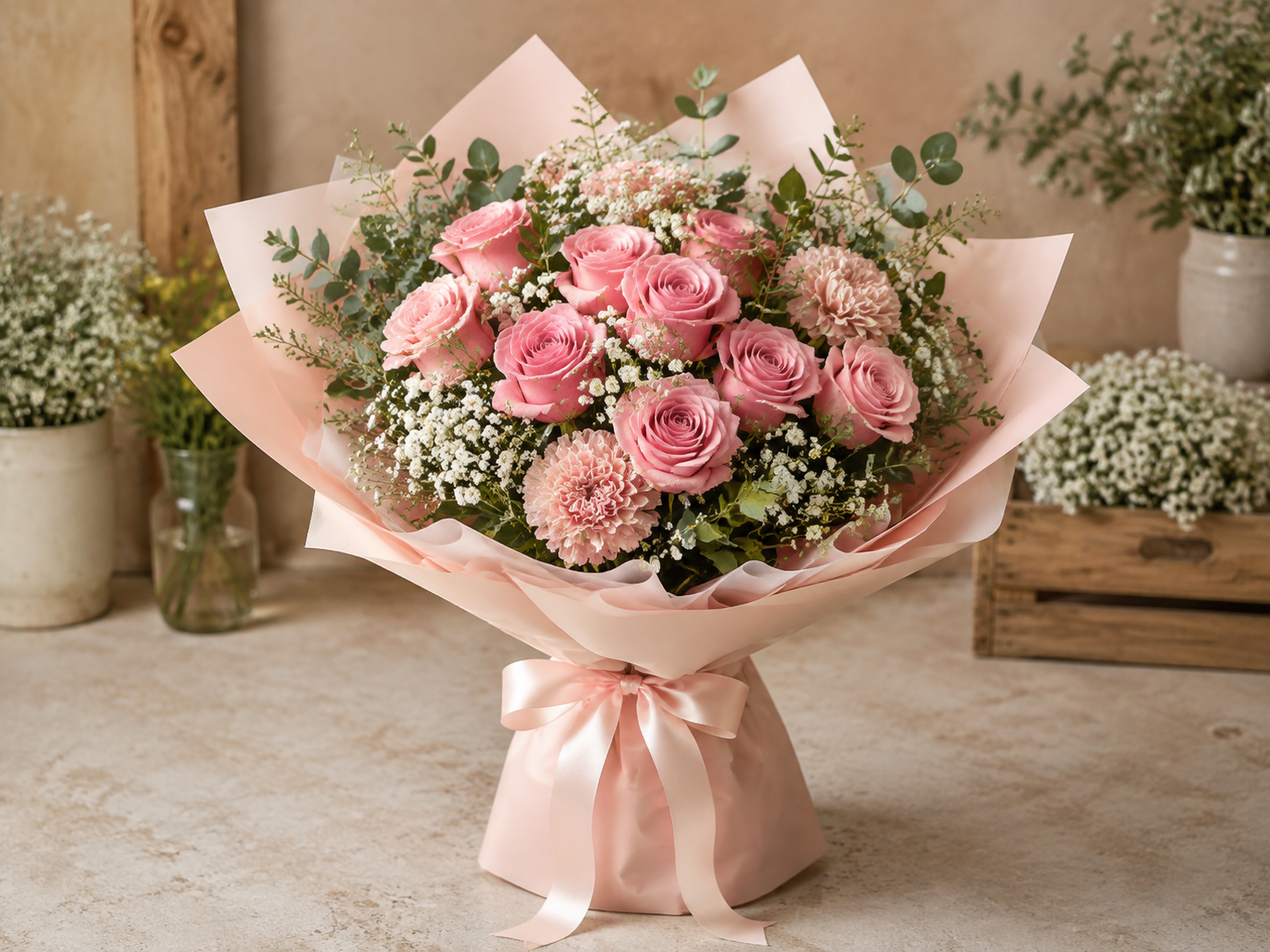 Rosas, claveles y gypsophila