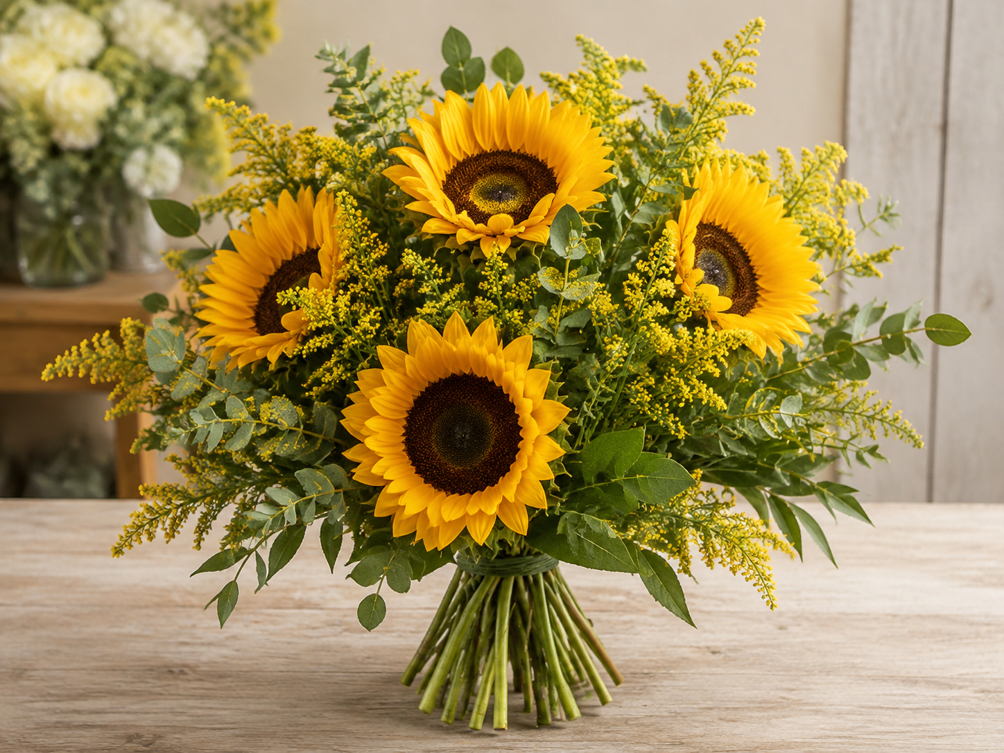 Girasoles, solidago y follaje